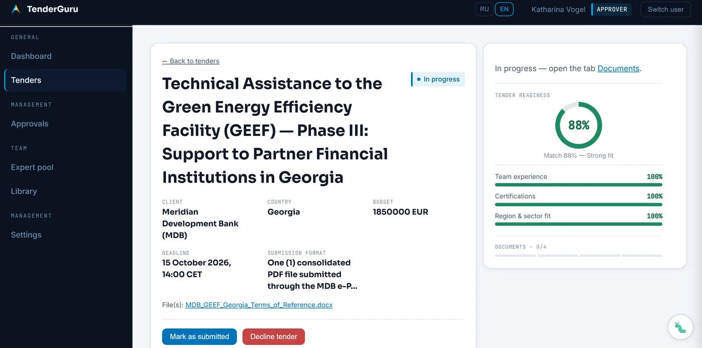 TenderGuru tender page showing an 88% readiness score broken into team experience, certifications and region and sector fit.